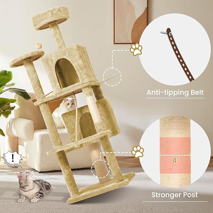 58" Cat Tree Large Cat Tower Condo w/Multi-Level Scratching Post for All Indoor Cats (Beige)