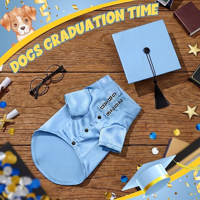 5 Pcs Dog Graduation Costume Set Include 2026 Pet Graduation Gown with Stole Puppy Grad Cap Lensless Glasses DIY Letter Stickers for Dogs Cats Holiday Costume Accessory(Light Blue,M)