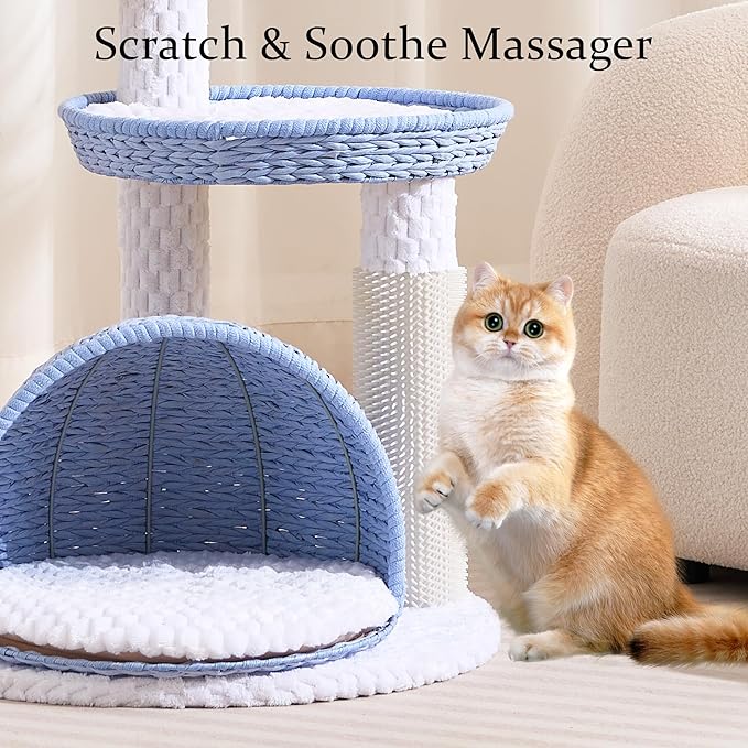 Wood Modern Cat Tree for Large Cat, 46" Tall Cat Tower with Scratching Posts, Cat Condo, Aesthetic Multi-Level Cat Climbing Tree with Hand-Woven Bed for Adult Indoor Cats-Blue