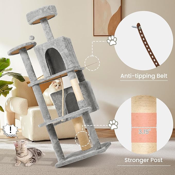 58.5inch Large Cat Tree Tower Condo for Indoor Cats, Soft Plush Multi-Level Climbing Tree Cat House with Cat Cave, Scratching Post, More Entrance/Exit, Sisal Rope, Light Grey
