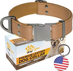 ADITYNA Leather Dog Collar with Metal Buckle - Heavy-Duty, Adjustable for Medium & Large Dogs - Walking, Training, Hiking (CamelBrown, Fits 15-21" Necks)