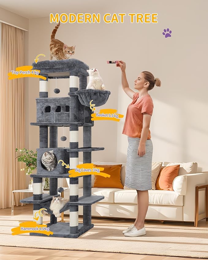Cat Tree, 66.9" Large Cat Tower for Indoor Cats, Multi-Level Cat House with Condo, 8 Scratching Posts, Hammock, 4 Pom Poms, Dark Grey MS17018SG