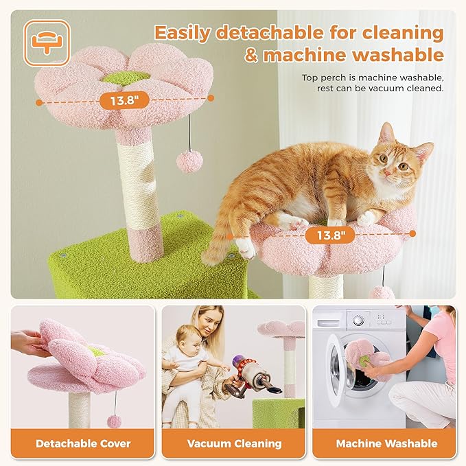 PAWZ Road Pink Cat Tower, 70 Inches Flower Cat Tree with 2 Cozy Condos, 2 Plush Perch, Large Basket, 2 Scraching Pad & 6 Scraching Posts for Indoor Cats Large Adult