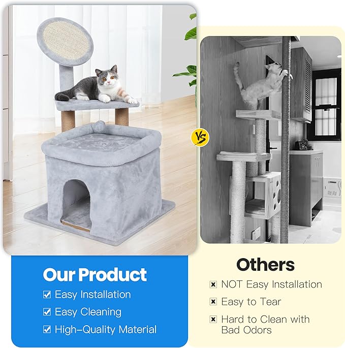 33 inch Small Cat Tree Tower, Cat Tree for Indoor Cats, Cat Scratching Post with Sisal Scratching Pad & Board, Cat Condo for Large Cats and Kittens, Cat Playhouse with Hanging Ball for Play, Grey