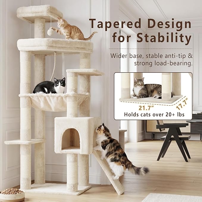 Heybly Heavy Duty Cat Tree, 64.2-Inch Tall Tower for Large Indoor Cats with Widened Structure, Cat Furniture with Big Platforms, Extra-Large Hammock, Sisal Scratching Posts & Board, Beige HCT027M