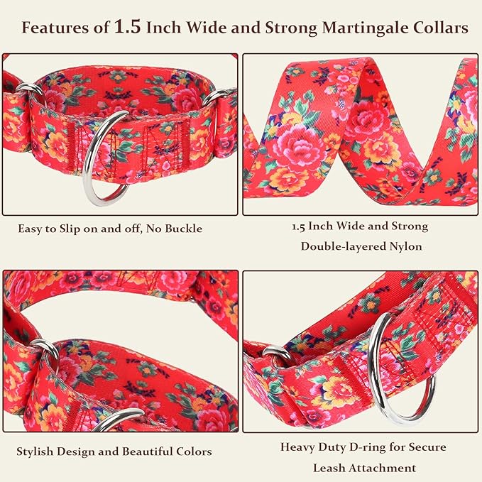 Martingale Collar for Dogs 1.5 inch Wide,Red Floral No Pull Heavy Duty Dog Collar for Medium Large Extra Large Dogs L