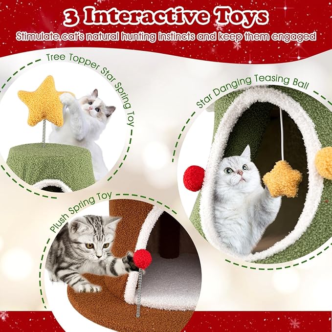 PETSITE 61 Inches Cat Christmas Tree, Cute Christmas Cat Tower with 4 Condos, Colorful Ornaments, Sisal Board, Dangling Ball, Spring Toy, and Star-Shaped Spring-Type Top, Ideal for Indoor Cats