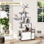 Snughome Cat Tree with Litter Box Enclosure, 3-in-1 Modern Cat Tower for Indoor Cats, 67.32’’ Hidden Cat Litter Box Furniture with Cat Condo, Food Station and Hammocks, All-in-one Cat Furniture
