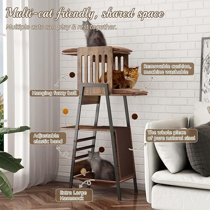 58-Inch Outdoor Cat Tower Metal, Large Cat Tower Platform, Modern Cats Tree with Scratching Board & Removable Pads, Cats Furniture for Indoor Cats, Large Perch Hammock