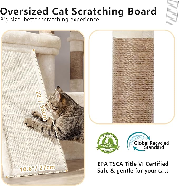 Heybly Cat Tree, 72.4-Inch Anti-Tip Cat Tower for Large Cats, All-in-One Cat Furniture with Spacious Perches, Multiple Interactive Areas, Extra-Large Sisal Scratching Board, Beige HCT060M