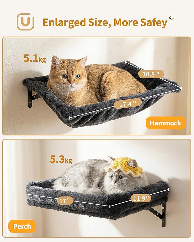 Heavy Duty Cat Wall Shelves for Large Cats, 6-in-1 Cat Furniture Set with 17" × 11.9" Large Perch Bed and Hammock, Cat Climbing Wall Systems with Vertical Cat Scratcher