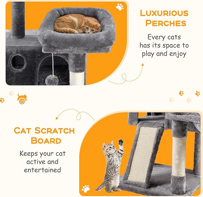 HOOMIC 36" Cat Tree for Indoor Kitty, Multi-Level Condo with Sisal Scratching Posts and Board, Cozy Hammock, Padded Plush Perch for Kittens, Grey