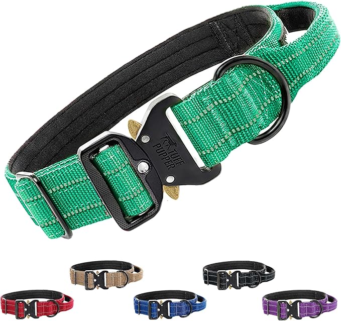 Tuff Pupper Tactical Dog Collar with Handle | Heavy Duty Adjustable Dog Collar | Military Nylon Collar for Medium Dogs | Quick-Release Buckle | Soft Padded Comfort | Training Control (Green, Medium)