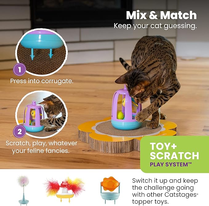 Catstages Two-in-One Chirping Bird Cat Toy with Ball Track for Corrugate Cat Scratcher, Engages Hunting Instincts, Purple
