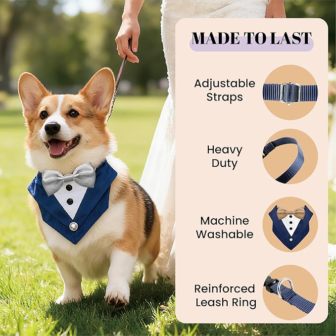 AVERYDAY Dog Tuxedo Bandana Collar for Wedding Outfit, Dog Tux Costume with Bowtie, Pet Harness with Leash Ring for Birthday Party Christmas, Formal Wear Suit and Tie for Small Medium Large Breeds