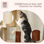Small Cat Tree Tower for Adult Cats with Large Top Bed 20x13.8”Private Cat Condo,Sisal Scratching Post and Ramp and Self Groomer and Spring Ball-Beige