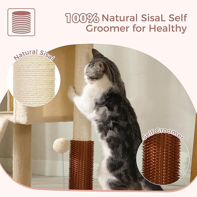 Small Cat Tree Tower for Adult Cats with Large Top Bed 20x13.8”Private Cat Condo,Sisal Scratching Post and Ramp and Self Groomer and Spring Ball-Beige
