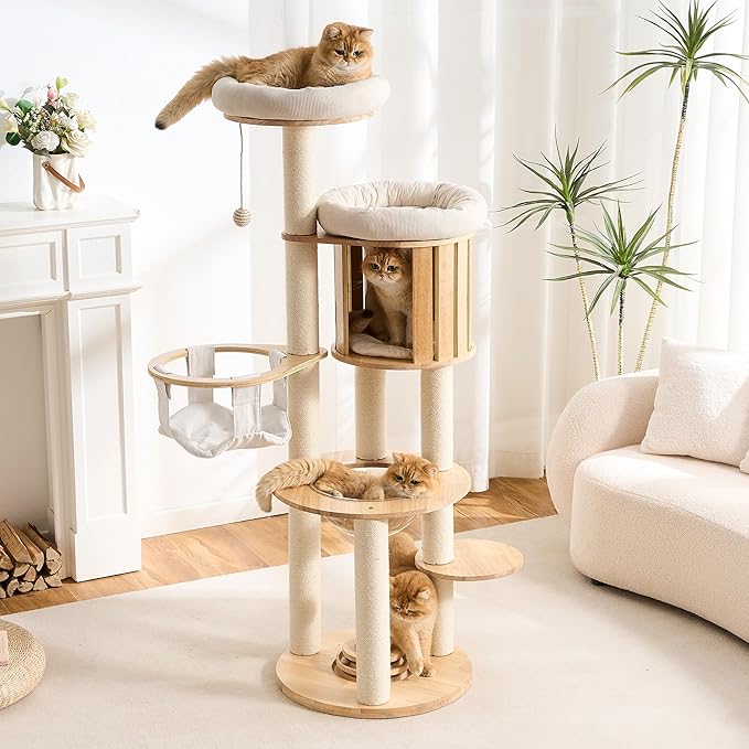 797Audio Wood Modern Cat Tree, 61.5" Cat Tower with Sisal Scratching Posts, Cat Condo, Capsule,Hamnock and Spinner Toy, Solid Wooden Aesthetic Multi-Level Cat Climbing Tree for Adult Indoor Cats-White
