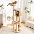 797Audio Wood Modern Cat Tree, 61.5" Cat Tower with Sisal Scratching Posts, Cat Condo, Capsule,Hamnock and Spinner Toy, Solid Wooden Aesthetic Multi-Level Cat Climbing Tree for Adult Indoor Cats-White