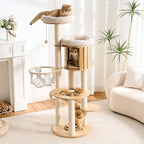 797Audio Wood Modern Cat Tree, 61.5" Cat Tower with Sisal Scratching Posts, Cat Condo, Capsule,Hamnock and Spinner Toy, Solid Wooden Aesthetic Multi-Level Cat Climbing Tree for Adult Indoor Cats-White