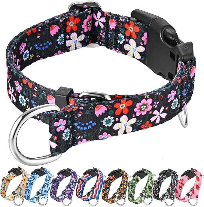 Martingale Dog Collar with Buckle Adjustable Nylon Limited Slip No Pull Training Floral Dog Collars (Black Pink Red, XLarge)