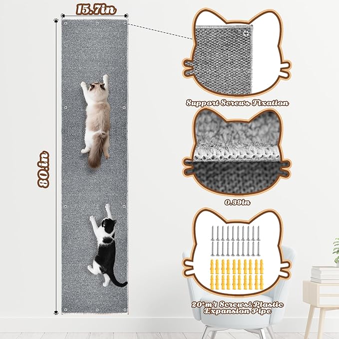 80"x15.7" Cat Wall Scratching Mat, Extra Large Cat Climbing Carpet with 20 Fixed Nails Wall Scratcher Furniture Protector for Couch, Sofa, Home (Grey)
