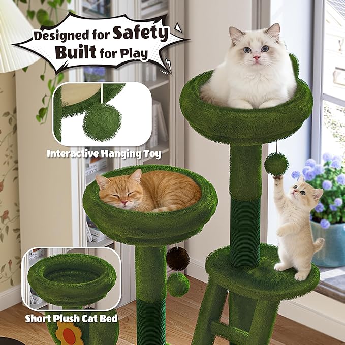 Cat Tree, 72in Indoor Cactus Cat Tree with Transparent Capsule, Sisal Scratching Posts, Plush Perches and Interactive Toys for Kittens and Large Cats, Green