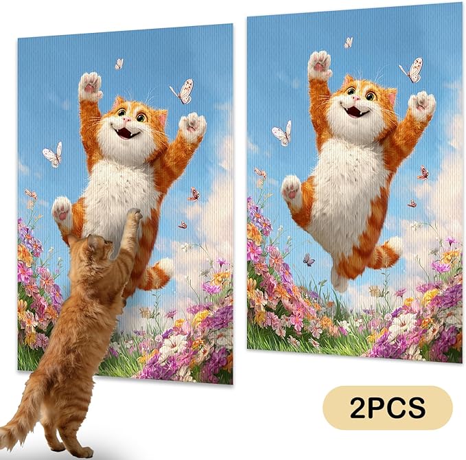 Nuxovilar Cat Scratching Mat 15.3x23.6 Inches Polyester Synthetic Fiber, Jumping Orange Cat & Butterflies Print, wall Scratcher, Scratch pad, Home Decor, Bedroom, Patio (2pcs)