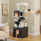 PETEPELA Cat Tree with Litter Box Enclosure, 2-in-1 Wood Cat Tower for Indoor Large Cats, 57.5'' Cat Condo with Scratching Posts, Cozy Hammock and Repalcable Dangling Balls, Black