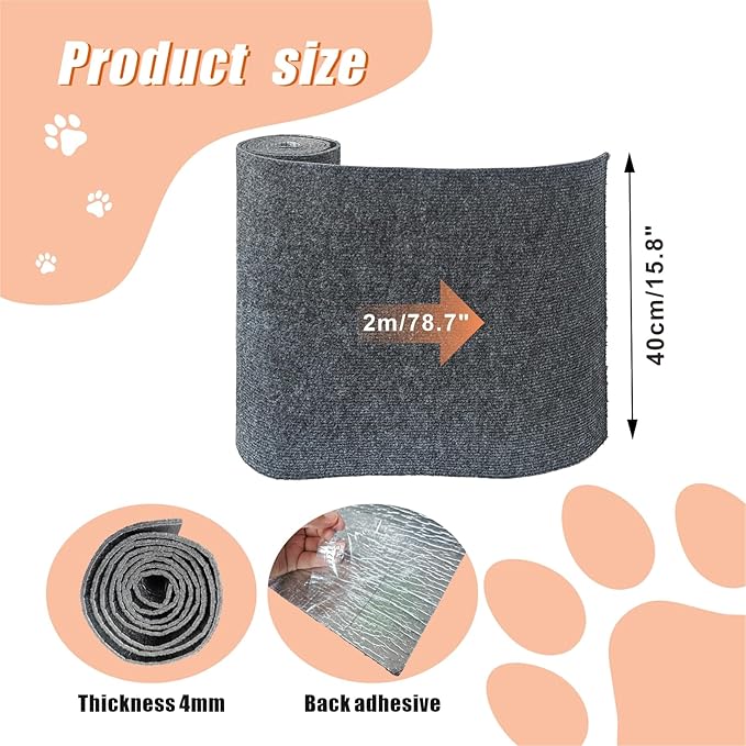 78.7"x15.8" Trimmable Cat Scratching Mat, Self-Adhesive Cat Scratch Furniture Protector Cat Scratching Post Carpet Covered Tree Shelves Replacement, Extra Large Cat Wall Climbing Carpet, Dark Gray