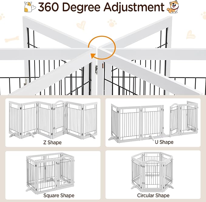 Yaheetech 32-inch Tall Dog Gate with Door Extra Wide Pet Gate for Dogs, Foldable Wire & Wooden Puppy Safety Fence w/3 Support Feet,Freestanding Dog Gate for The House, Doorway, Stairs(White,6 Panels)