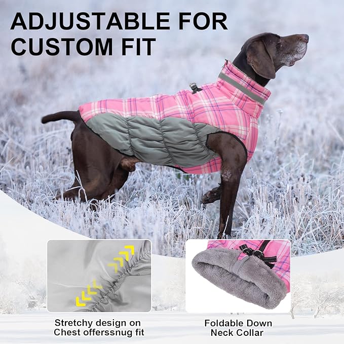 BEAUTYZOO Dog Winter Coat with Harness Built in, Reflective Plaid Puffer Vest Waterproof for X-Large Dogs, Fleece Warm Puppy Zipped Jacket with D Ring, Pet Cold Weather Sweater Clothes, Pink XL