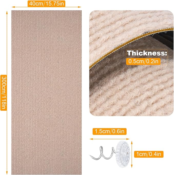 Large Cat Scratching Mat, 118"x15.8" Self-Adhesive Cat Scratch Furniture Protector, Trimmable DIY Cat Wall Climbing Carpet, Cat Couch Protector, Cat Scratching Pad Replacement (Khaki, 30 Nails)