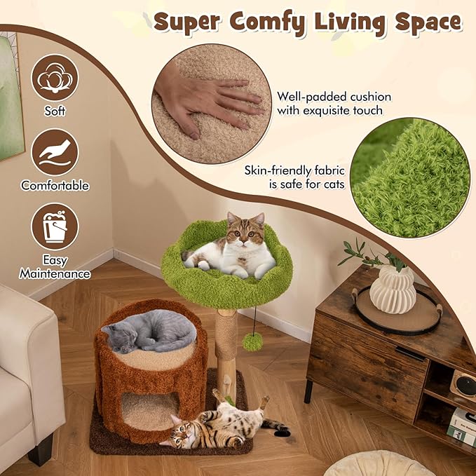 PETSITE 29 Inch Small Cat Tree for Indoor Cats, Modern Wooden Cute Cat Tree with Jute Scratching Post, Tree-Shaped Spring Toy, Teasing Hanging Ball and Teddy Fleece Covered Condo