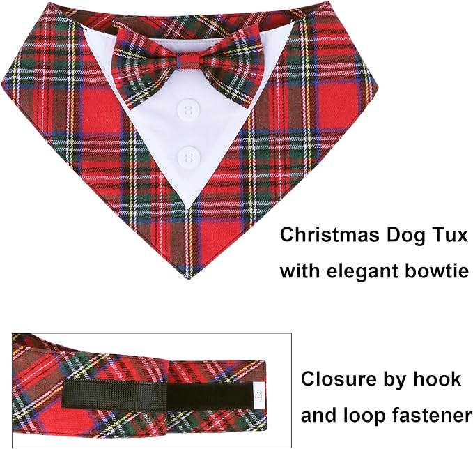 ADOGGYGO Christmas Dog Tuxedo Bandana, Red Plaid Pet Chritstmas Collar with Bowtie, Adjustable Christmas Costume for X-Large Dogs Pets (XL)