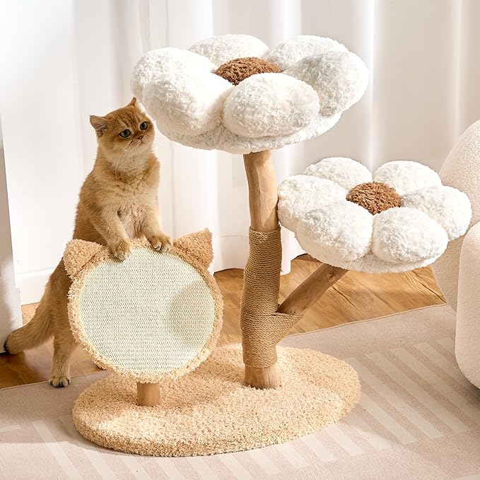 Modern Natural Solid Wood Cat Tree Tower for Indoor Cats Large Adult, 30 inch Flower Cat Tree with Scratching Post, Luxury Aesthetic Cat Tree with Cloud-Soft Flower Perches and Sisal Scratching Pad