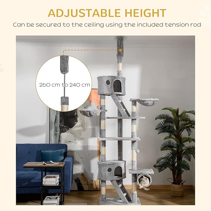 PawHut Floor to Ceiling Cat Tree, 94.5-102.5 inch Adjustable Height Cat Climbing Tower with Scratching Posts, Condos, Hammocks, Tubes, Ladders, Platforms, Dangling Balls for Indoor Kittens, Light Gray
