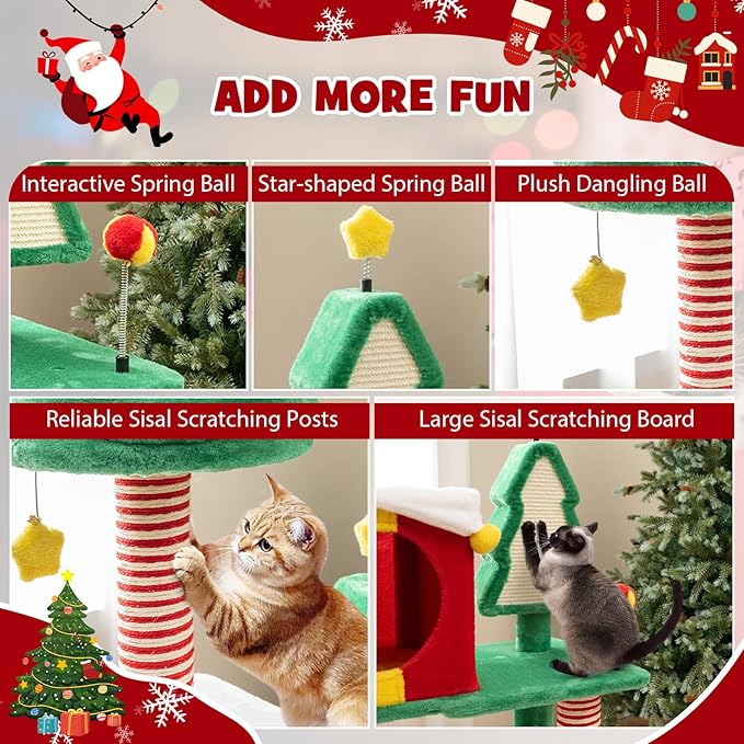 Tangkula 61 Inch Christmas Cat Tree, Multi-Level Tall Cat Tower with Sisal Scratching Posts & Board, 2 Gift Box-Shaped Cat Condos, Plush Padded Top Perch, Spring & Dangling Balls for Indoor Kittens