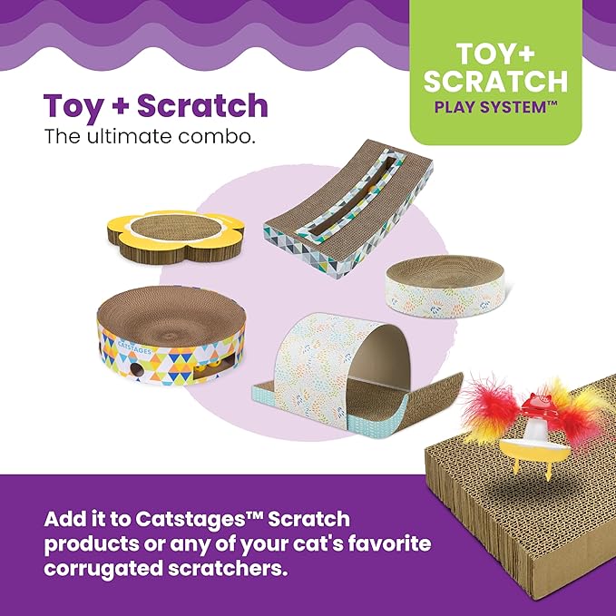 Catstages Daisy Scratch and Spinning Catnip Toy Bundle Cat Scratcher with Topper for Interactive Play, Two Toys in One, Multicolored