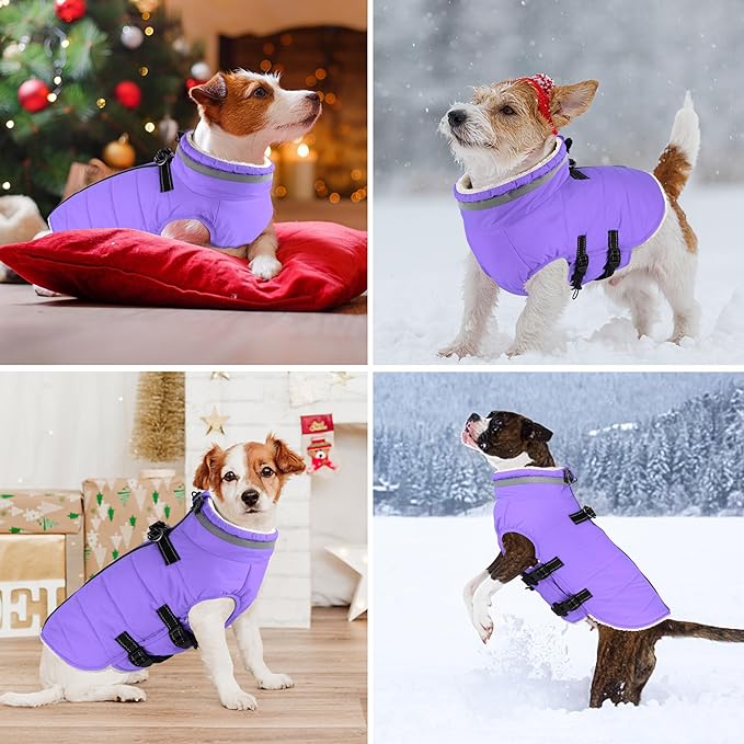 Dogcheer Dog Coat with Harness, Waterproof Dog Jacket Adjustable Winter Coat with Zipper, Christmas Puppy Snow Jacket Fleece Sweater for Small Medium Large Dogs - Taro Purple XL