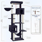 Cat Tree for Indoor Cats Large Adult, 70.5'' Cat Tower with Scratching Post, Sturdy Steel Pube Cat Tree Tower with Large Playing Platfrom, Hammock and Basket, Top Perch, Drak Gray GCT024G