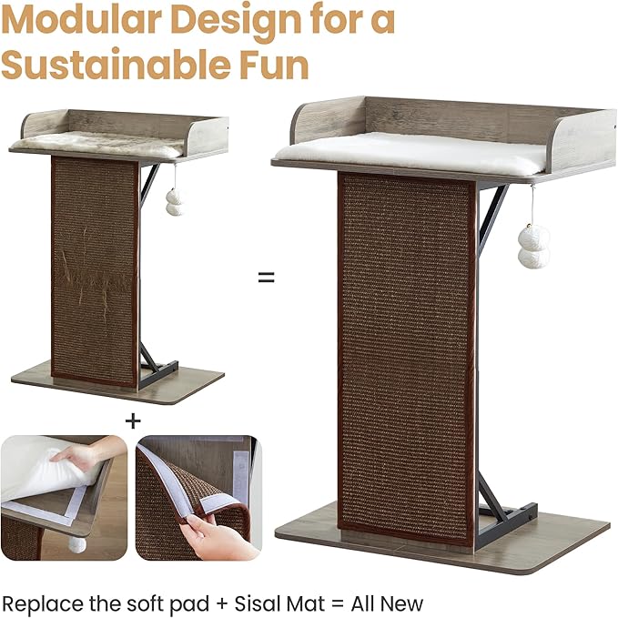 Modern Wood Cat Tree Tower for Indoor Large Cats, 33.8-Inch Tall Wooden Cat Trees with Big Perch Bed, Cat Scratching Pads, Washable Removable Cushions Scratching Mat, Cat Furniture, Greigy