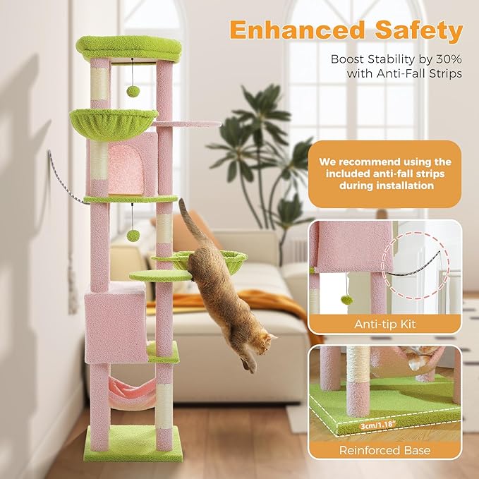 Flower Cat Tree for Large Indoor Cats, 71.2-Inch Tall Multi-Level Cat Tower with Scratching Posts, 3 Soft Hammocks, 2 Large Condos, Super Big Perch & Pompoms for Multi-Cat Households, Pink