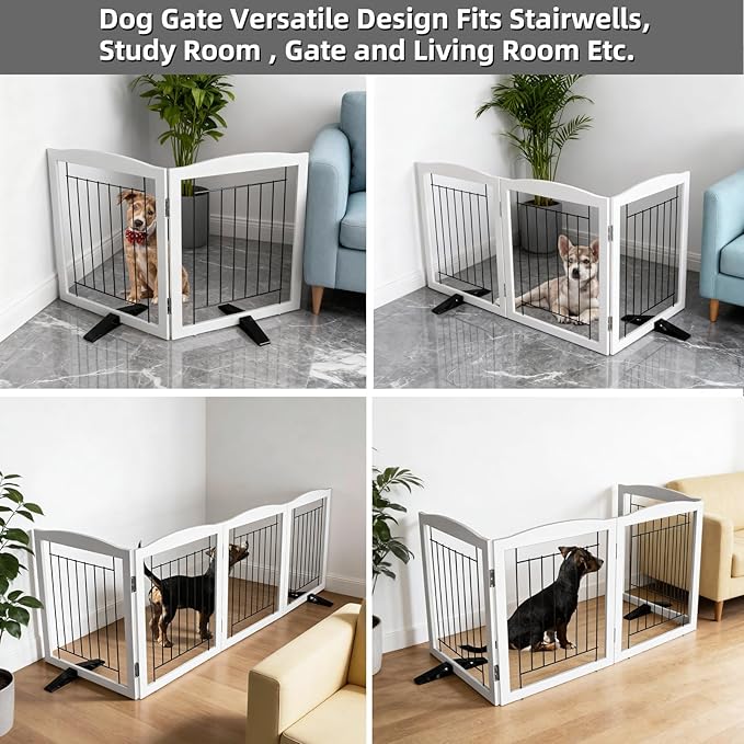 Dog Fence Indoor,Dog Gate Indoor for Doorway pet gate -2-Panel Freestanding, Hallways, House or Stairs -40x32-Inch Retractable Foldable Expandable Wood Pet by SFJC (White) ﻿