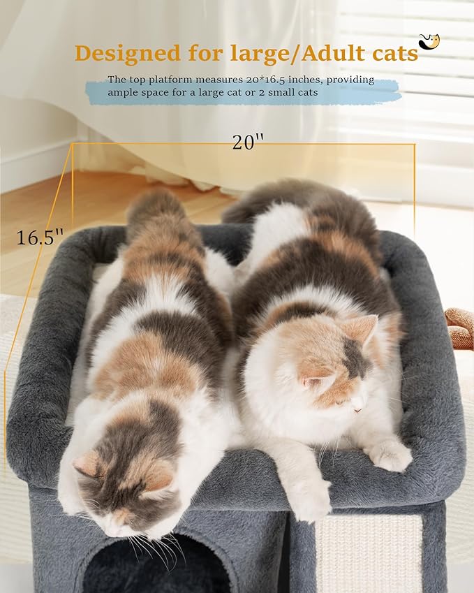 Cat Tree for Large Cat, Cat Tower with Large Perch for Adult Cats, 20 * 16.5 Inch Big Platform for Indoor with Super Cozy Soft Mat, Large Condo with Nature Sisal Post, Gray