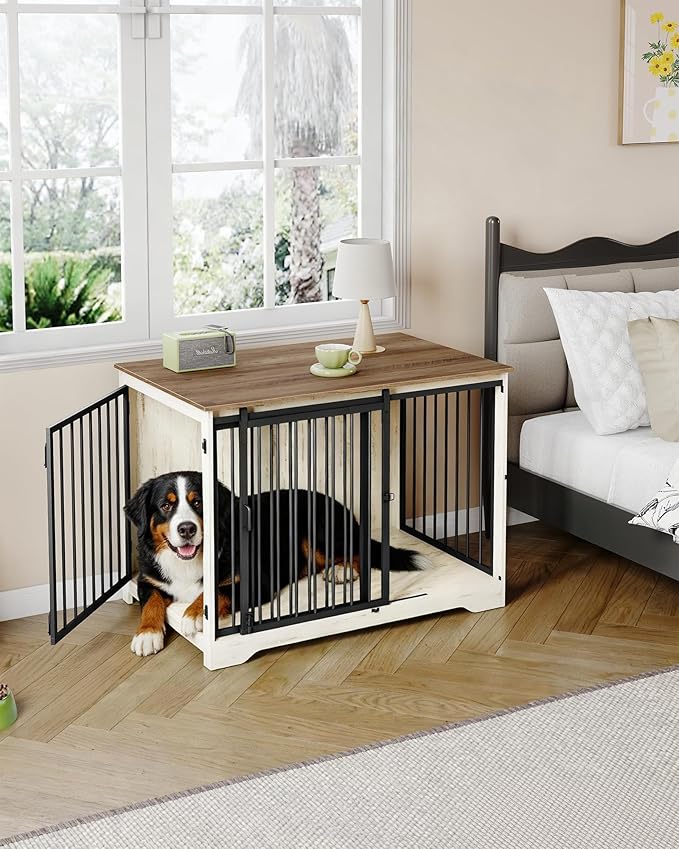 43.3" Dog Crate Furniture with Barn Door, Heavy Duty Dog Kennel Indoor with 2 Doors, Wooden Pet Cage End Table for Large Small Medium Dogs, Anti-Chew Anti-Escape, White Brown DFC92314B