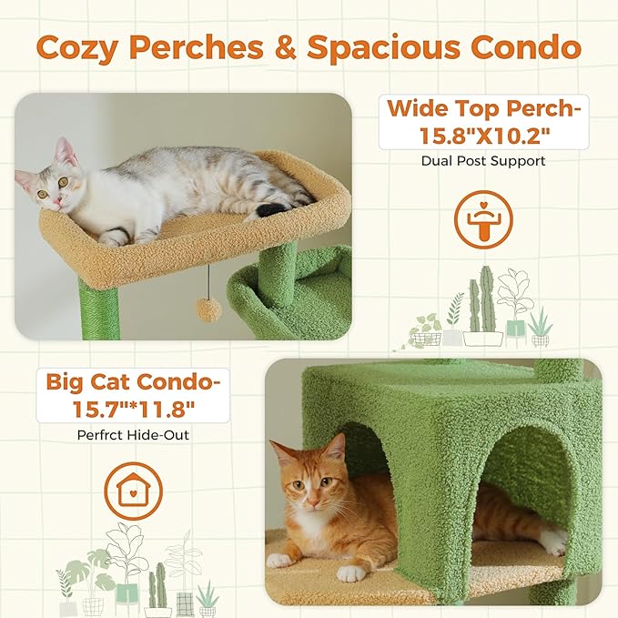 PETEPELA 69" Tall Cat Tree for Indoor Large Cats, Cat Tower for Adult Cats with Big Hammock, Cat Climbing Tree Tower with Scratching Posts, Condo House and Large Top Perch, Green
