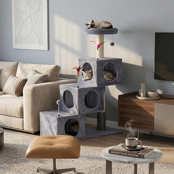 ROYPET Cat Trees with Three Cat Houses Condos with Scratch Posts and Cat Toys,Grey