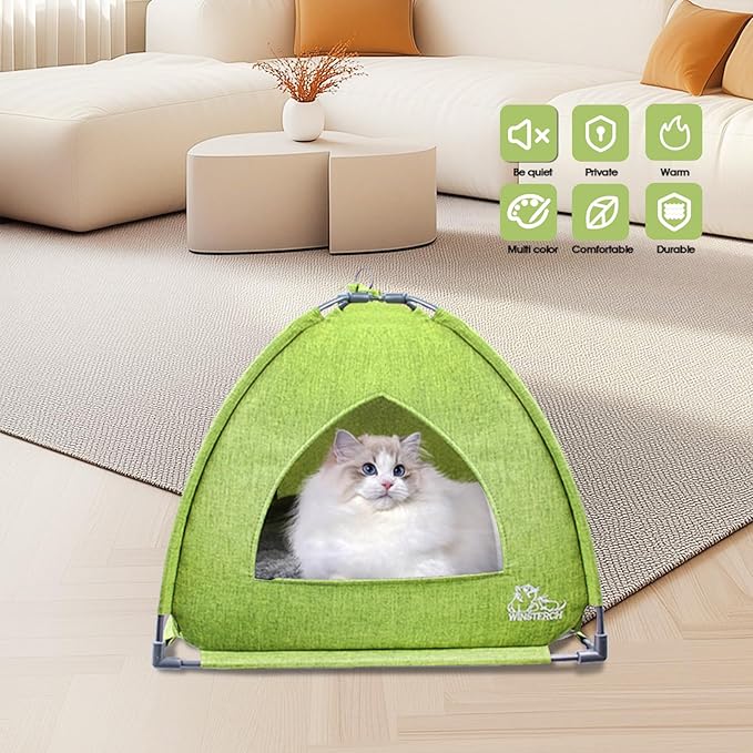 Winsterch Cat Bed Cave for Indoor Cats, Small Pet Tent Cave for Cats, Kittens, and Small Dogs, Warming Cat House with Removable Washable Cushion (18.5'‘ x 18.5’' x 15.8'', Green)