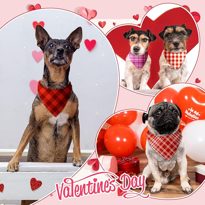 Abbylike 50 Pcs Valentines Day Plaid Dog Bandanas Bulk Pink Red Bandanas for Dogs Triangle Kerchief Bibs Scarf for Pet Romantic Costume Photo Props Accessories Pet Shops Groomers (25.6 x 17.7 x 17.7)